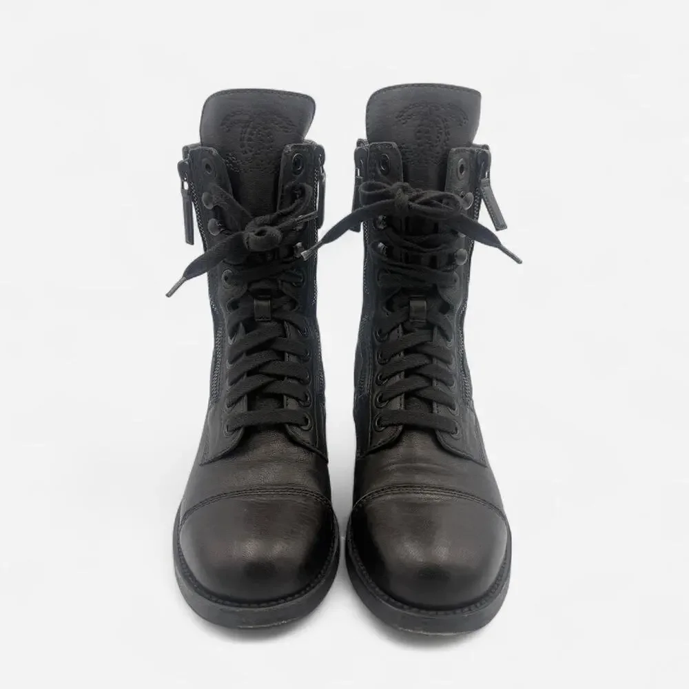 Chanel Quilted Leather CC Combat Boots in Black Lambskin
